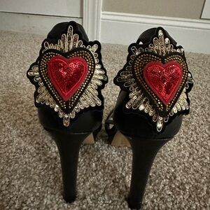 Aldo Black Heels with Red Heart Accents